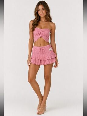 Free People Pink 2 Piece Sleeveless Smocked Top & Ruffle Skirt Set M